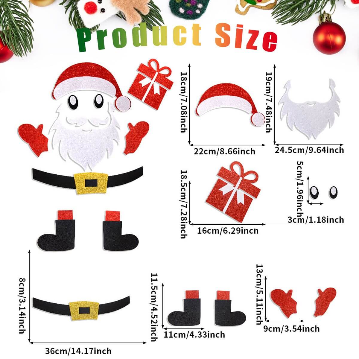 Component details of Christmas Door Stickers with Santa Claus design, including hat, gifts, beard, eyes, and belt, with measurements.