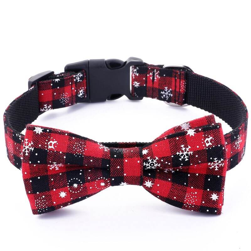 Christmas Dog Collar Snowflake Dog Collar with red plaid pattern and bow tie, perfect festive accessory for dogs during the holiday season.