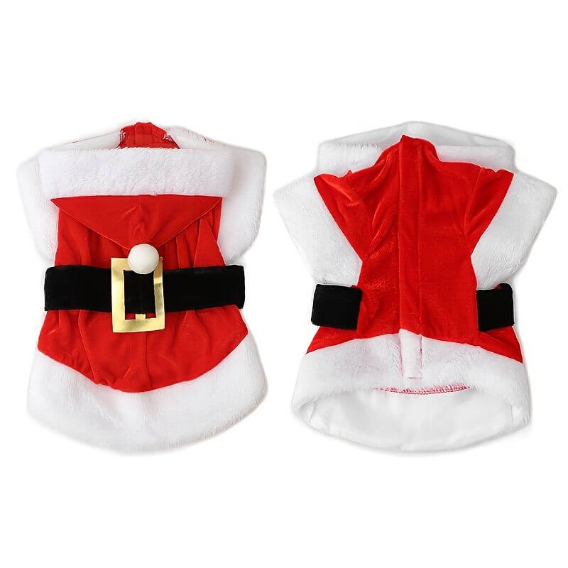 Christmas Santa Claus Dog Hoodie Winter Jacket for small and medium dogs, featuring festive red and white design with black belt.
