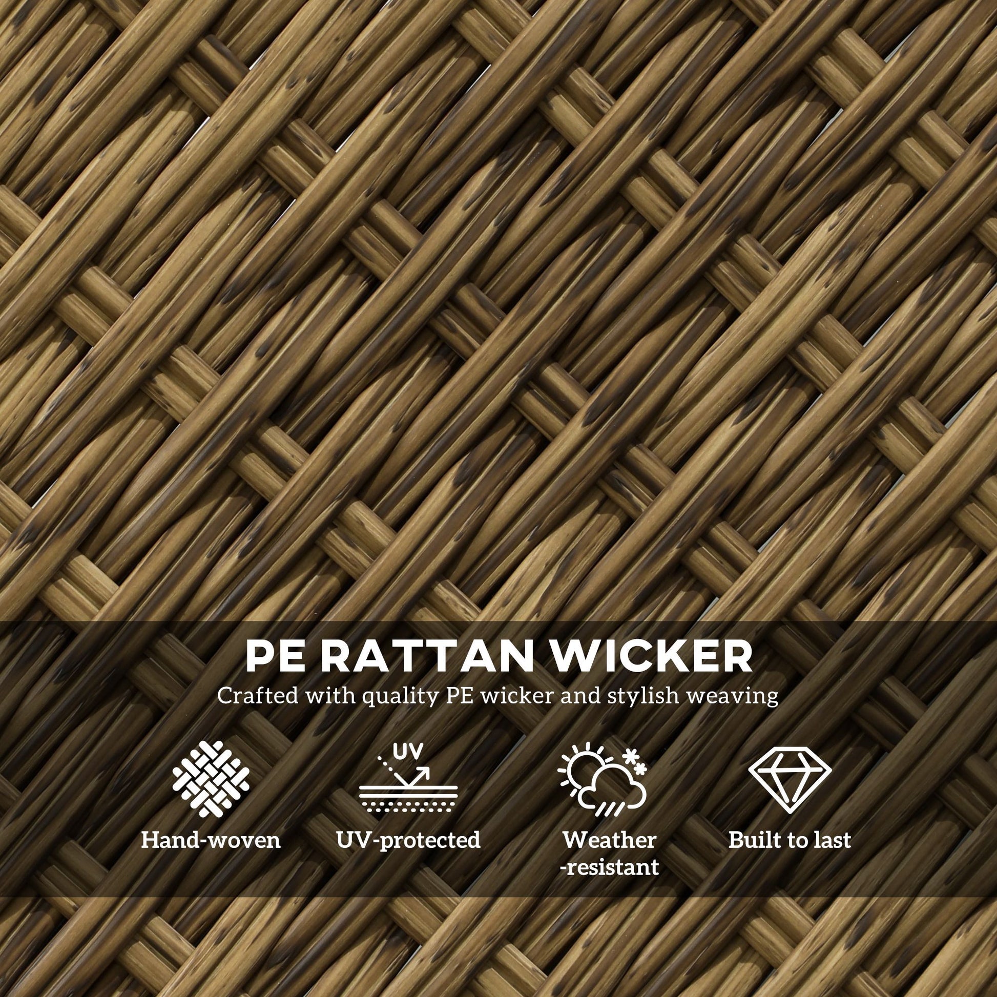 Close-up of hand-woven PE rattan wicker, highlighting UV protection, weather resistance, and durability for outdoor furniture.