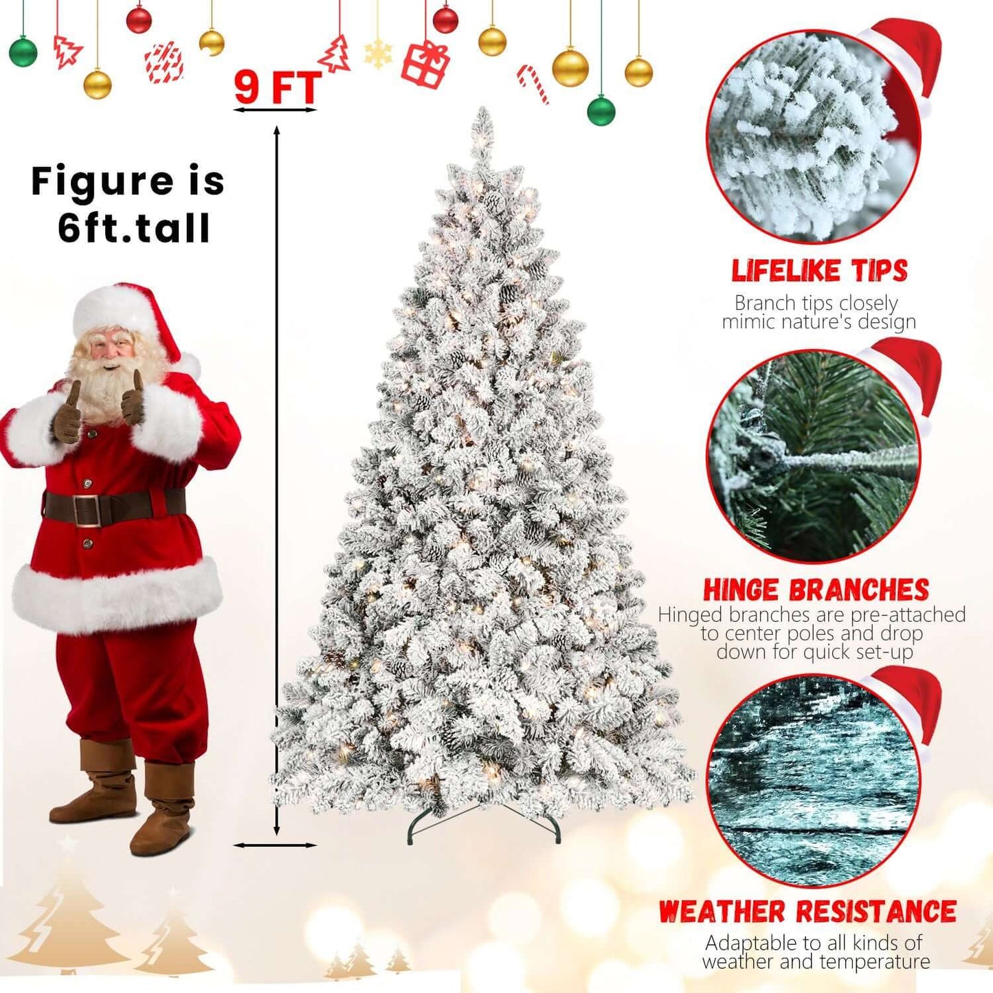 Flocked Christmas Tree with Lights, 7ft tall, with Santa for size comparison, featuring realistic tips, 500 lights, and weather-resistant design.