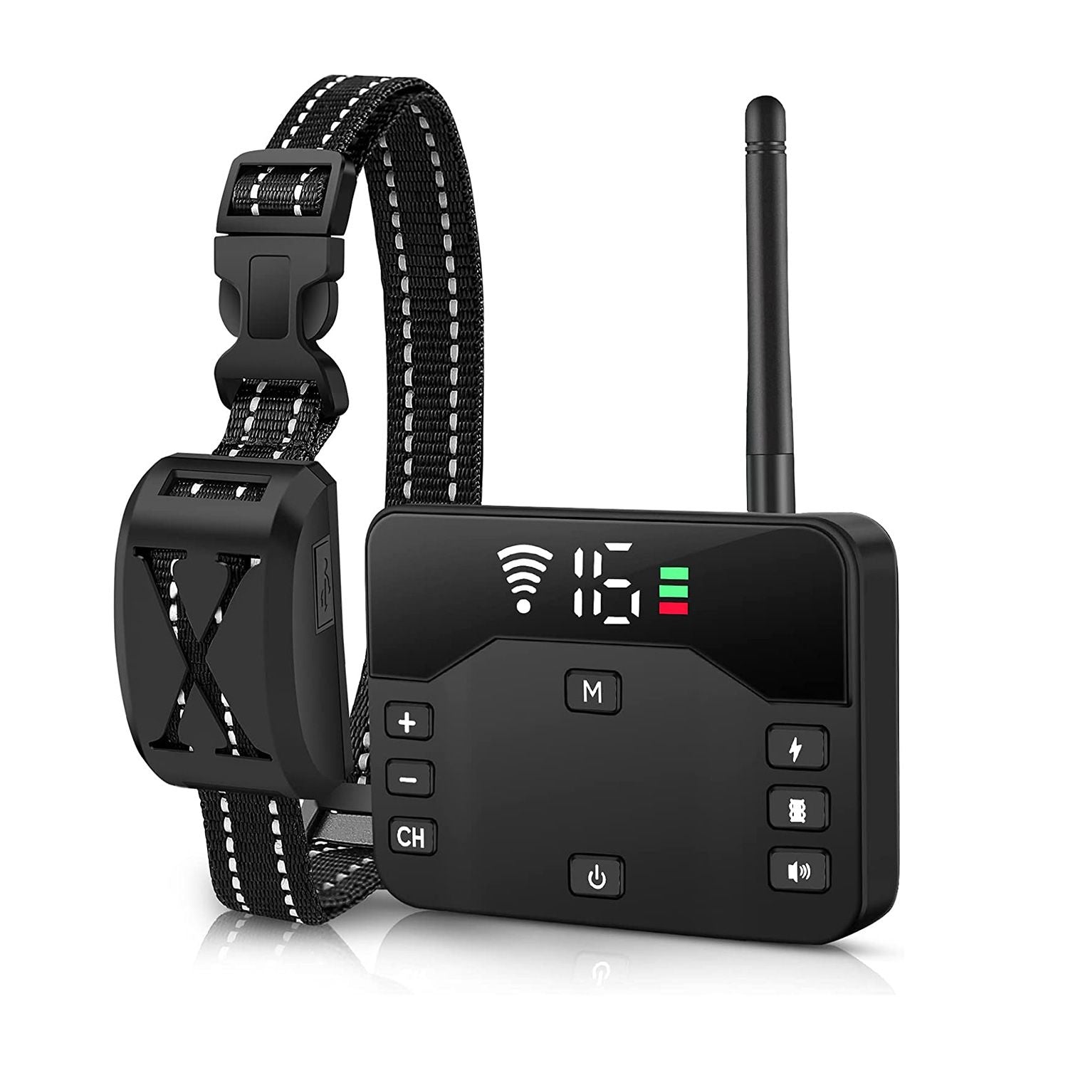 Wireless electric dog fence and training collar with waterproof receiver, adjustable for 15-120 lbs dogs. 16 level boundary range control.