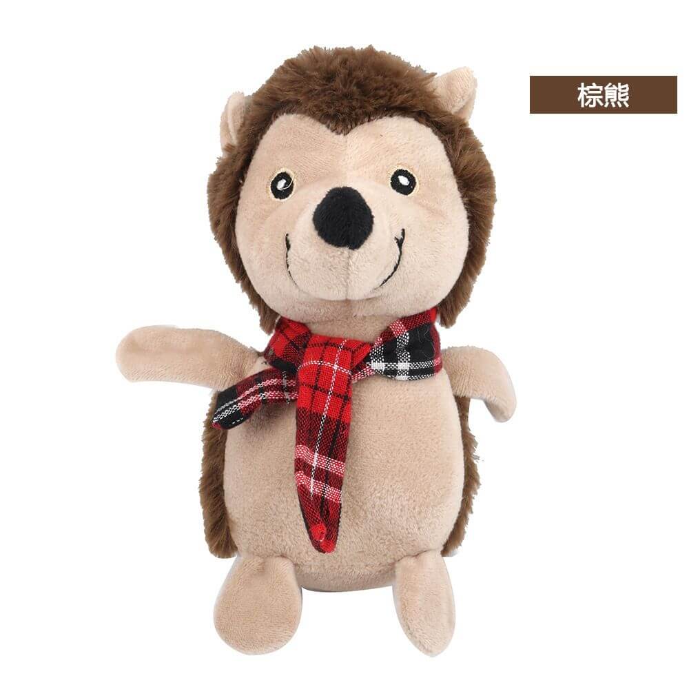 Christmas pet chew toy Pet plush voice toy, hedgehog design with red plaid scarf, bite-resistant for dogs.