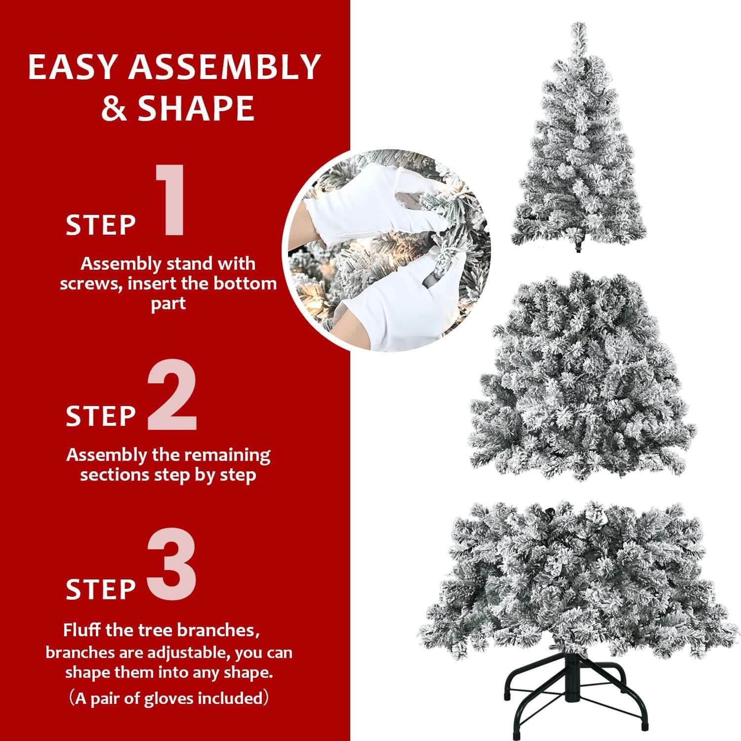 Easy assembly steps for 6FT Pre Lit Flocked Christmas Tree with 250 White Lights, includes gloves for shaping branches into desired form.