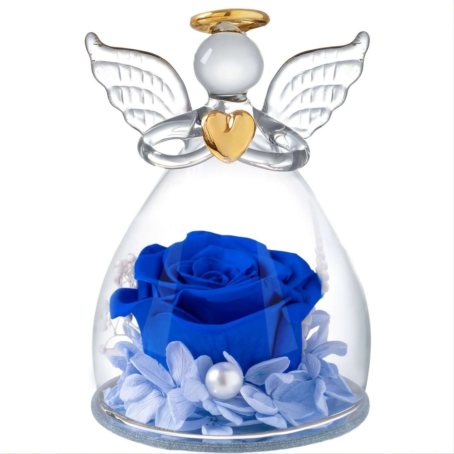 Preserved Rose In Angel Glass gift featuring a blue rose, perfect for romantic occasions and holidays. Eternal beauty for lasting memories.