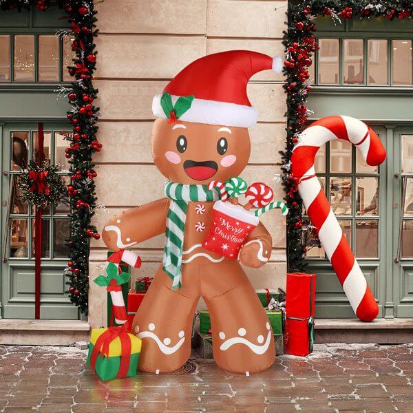 Christmas Inflatable Decoration - 7.9ft gingerbread man with LED lights, festive outdoor decor with candy cane and presents.