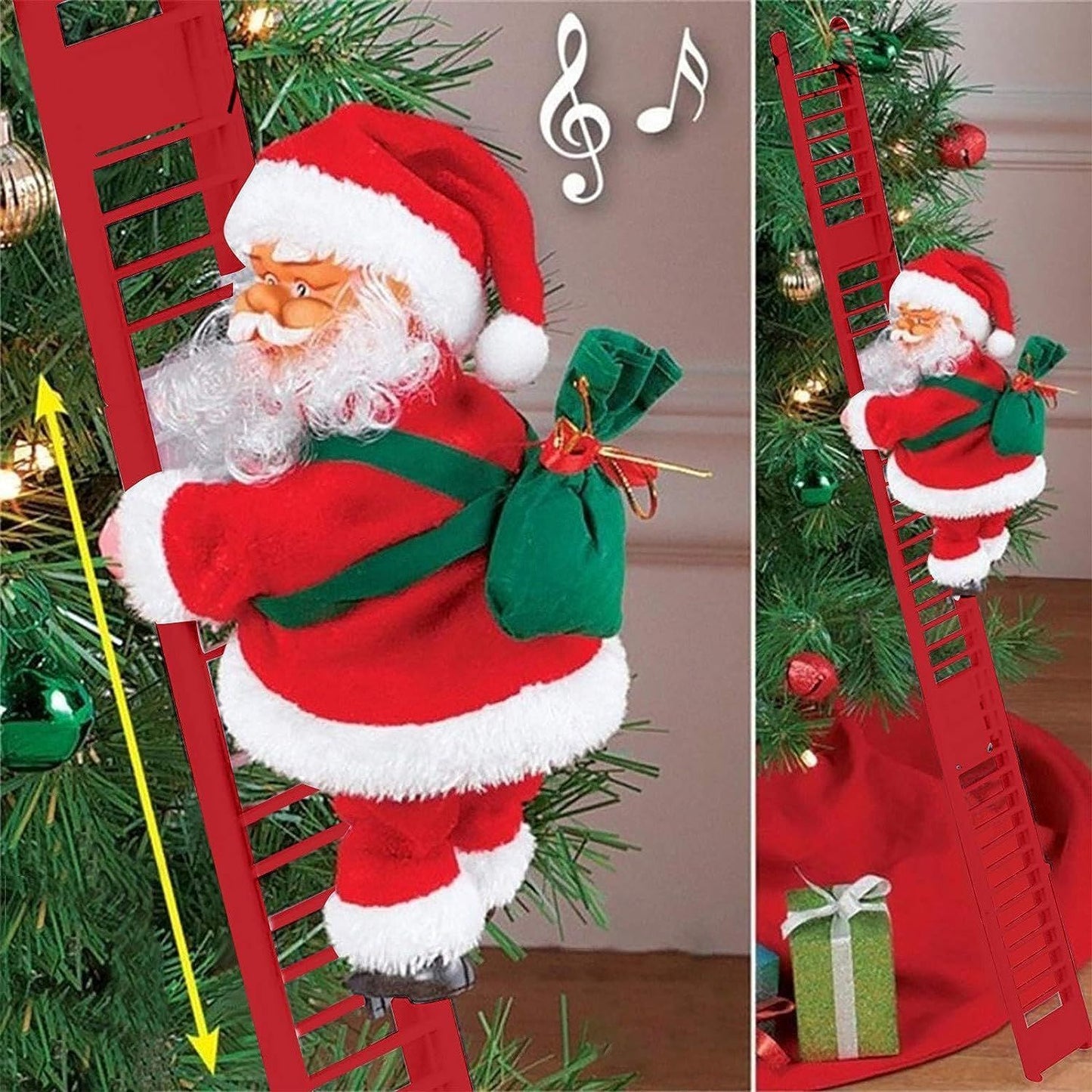 Christmas Electric Climbing Santa with LED lights and music on a tree ladder, festive holiday decoration.