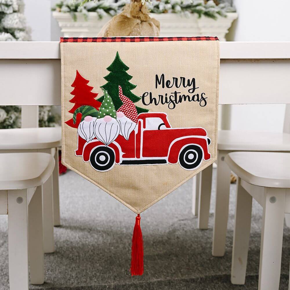 Christmas Santa Claus Car Table Runner with vintage car design and festive decorations on holiday table, home decor