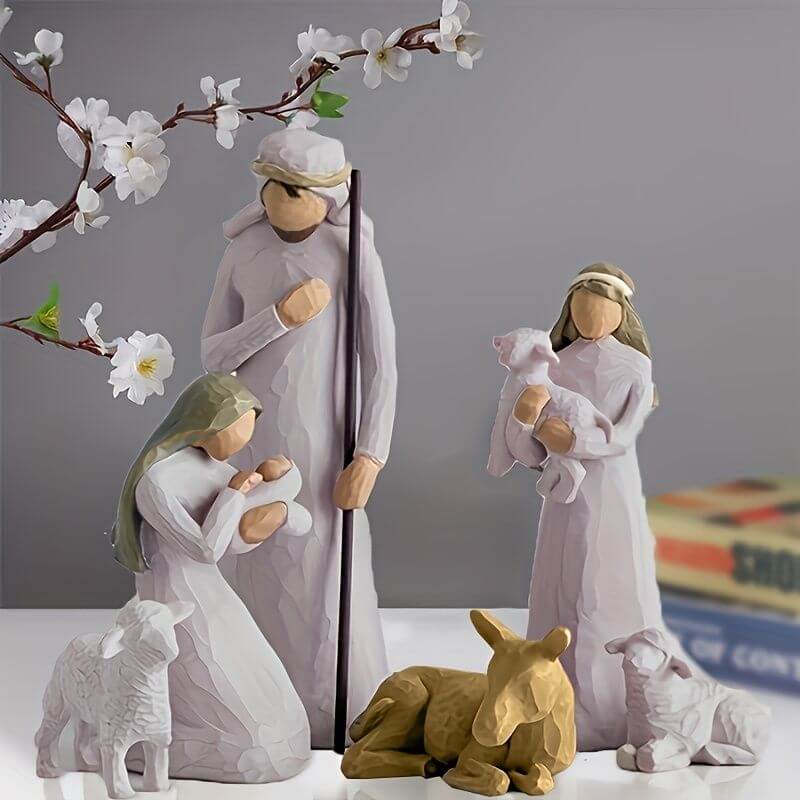 Nativity Figurine Hand Painted featuring holy family beside animals, perfect for Christmas or holiday decor.