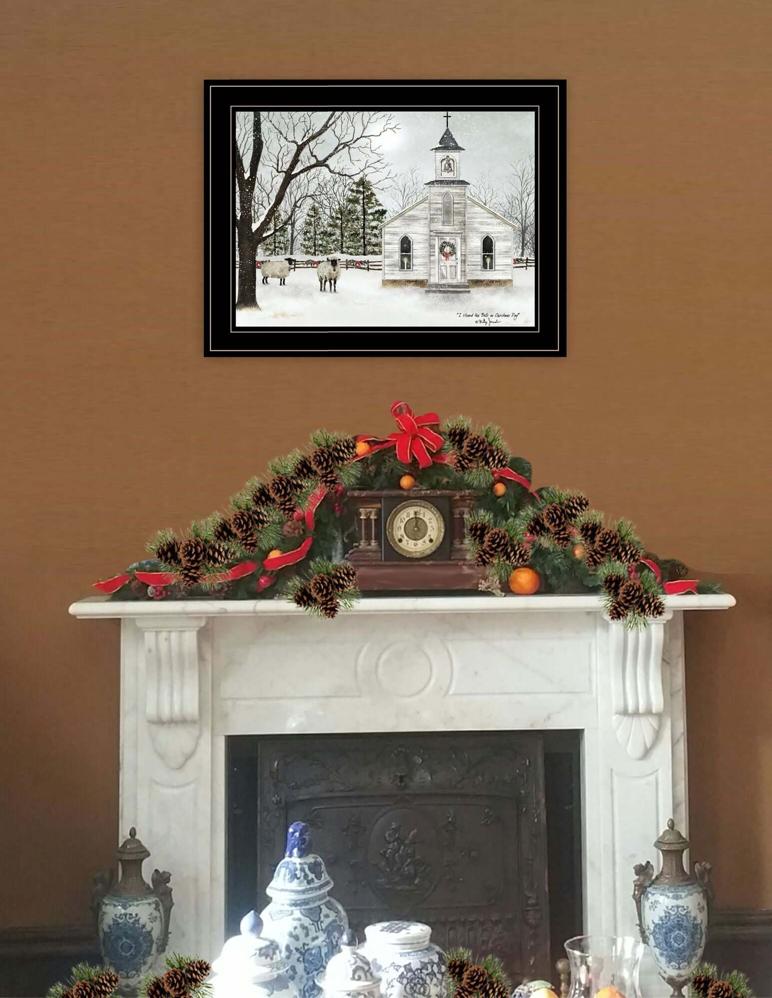Trendy Decor 4U I Heard the Bells Christmas Wall Art above a decorated mantelpiece with a snowy church scene by Billy Jacobs.