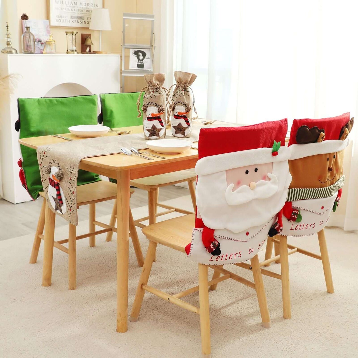Cozy dining room with Christmas Snowman Chair Cover and festive table setup.