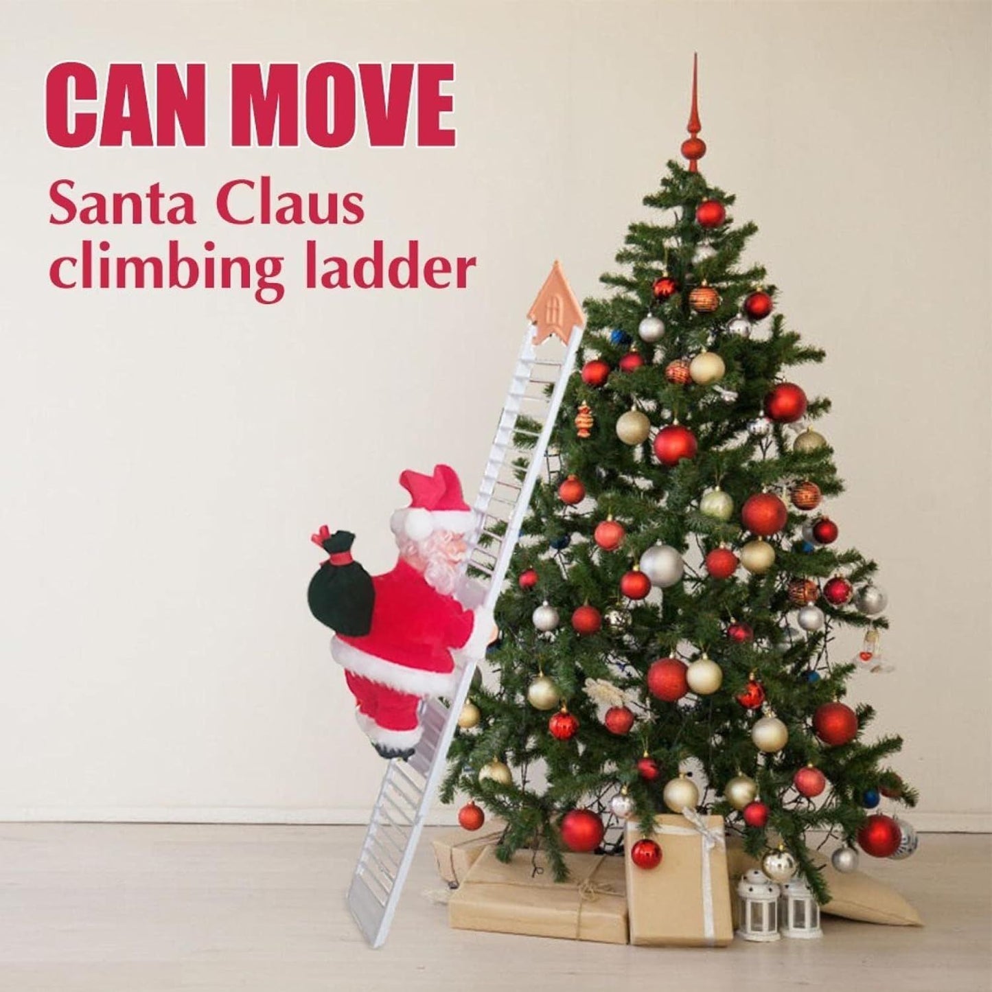 Christmas Electric Climbing Santa decoration with LED lights on a climbing ladder near a Christmas tree.