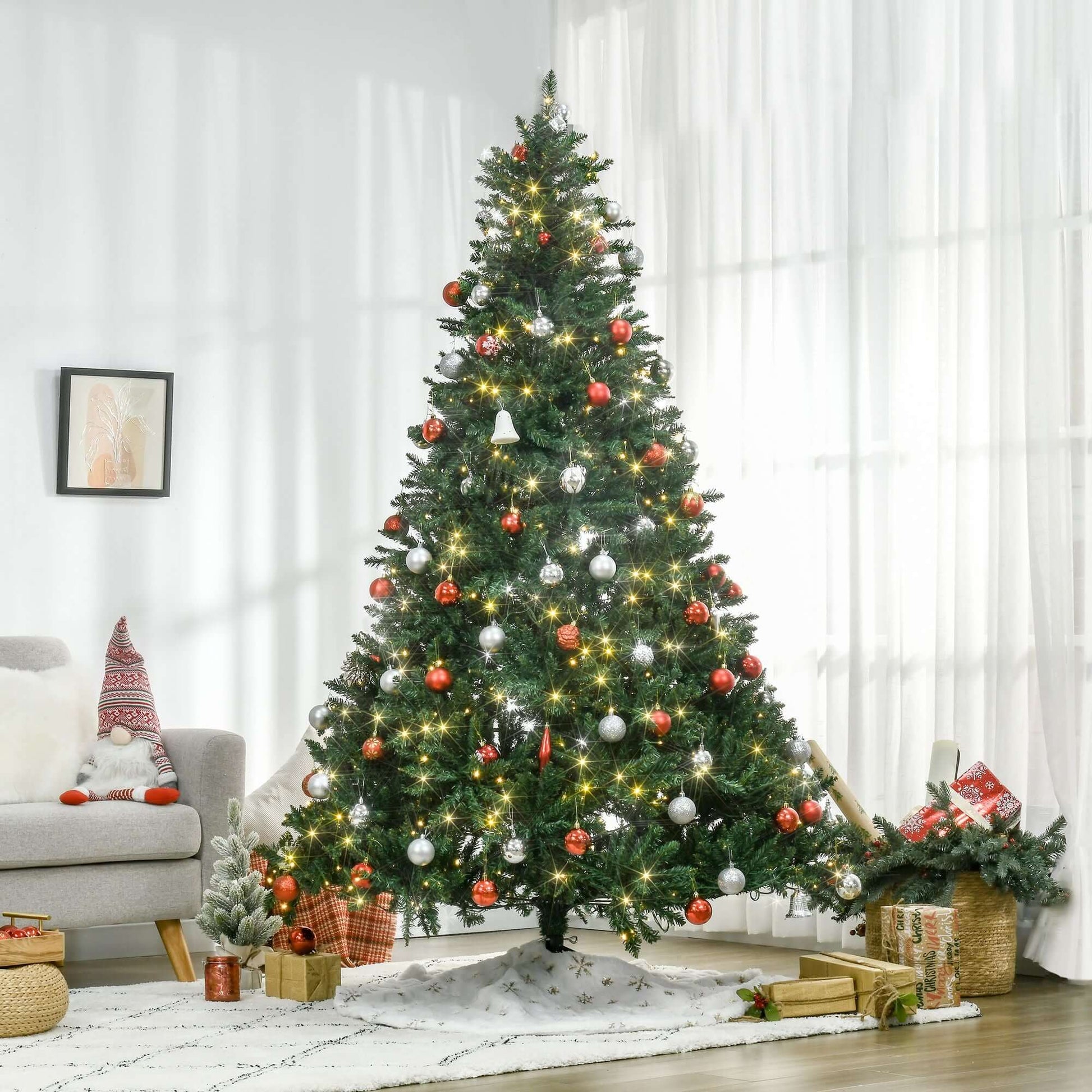 HOMCOM 7ft Pre Lit Douglas Fir Artificial Christmas Tree with LED lights and decorations in a living room.