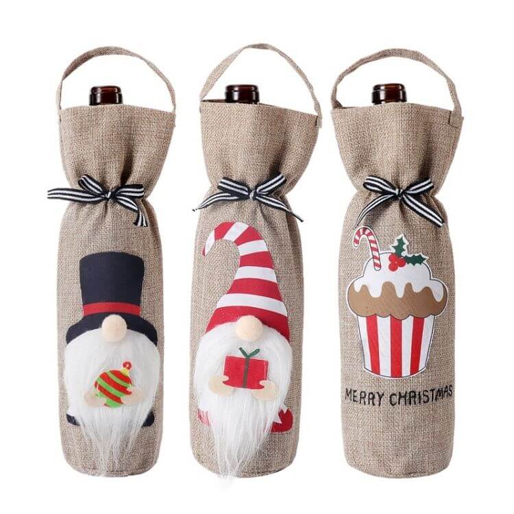 Christmas Decoration Supplies Champagne Red Wine Bag with festive cartoon characters and holiday-themed designs.