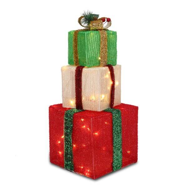 3-piece LED60 Light Warm White Christmas Gift Box set, featuring stylish and durable onion cloth design, battery powered for indoor and outdoor use.