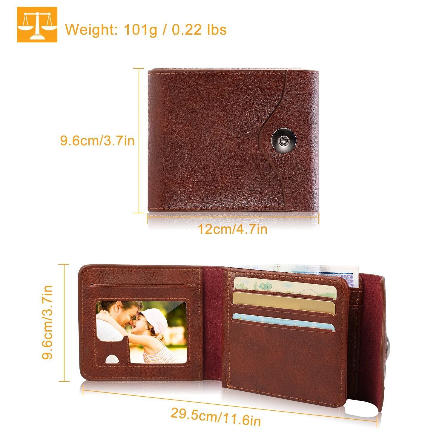 Men's wallet PU leather bifold purse with RFID blocking, 9 card slots, 2 ID windows, coin pocket, and money clip in soft brown material.