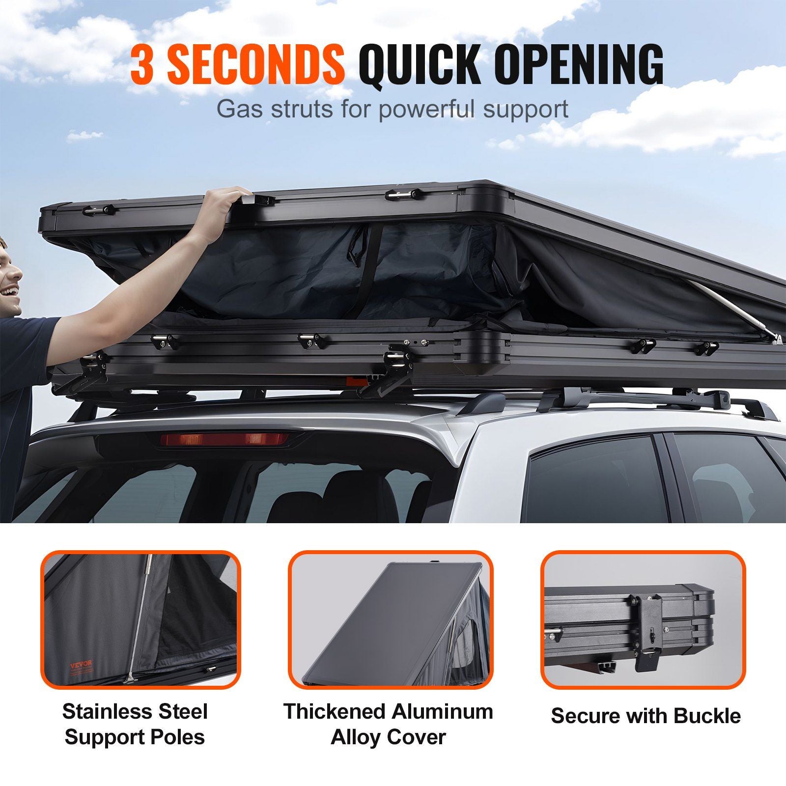 VEVOR rooftop tent with hard shell, 3-second quick open feature, gas struts, fitting Jeep SUV truck, stainless steel poles, waterproof.
