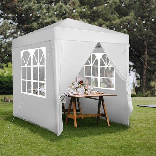 6.5x6.5ft white portable canopy with windows and doors, folding shed for outdoor events, durable oxford cloth with spray iron pipe frame.