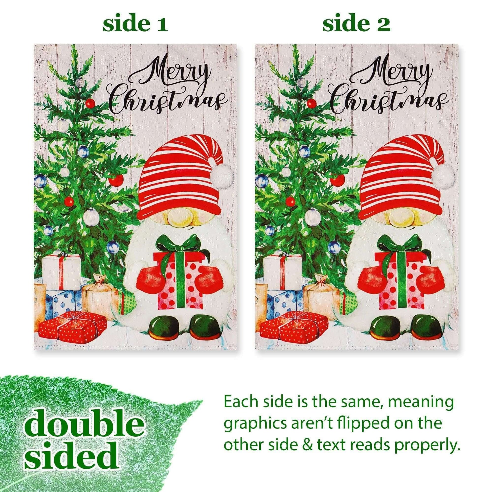 Double-sided Christmas Garden Flag featuring Santa Gnome with presents, 12x18 inches, perfect for holiday outdoor decor.