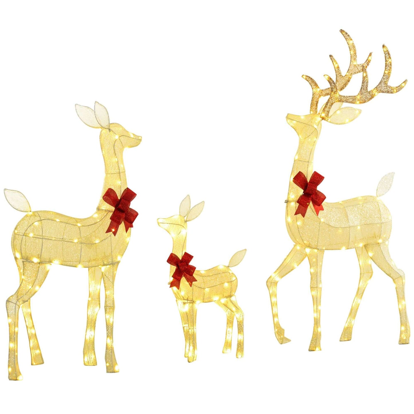 Christmas Deer Decorations - 4.5ft Light Up Reindeer Family Set with antlers and red bows, perfect for festive outdoor display.