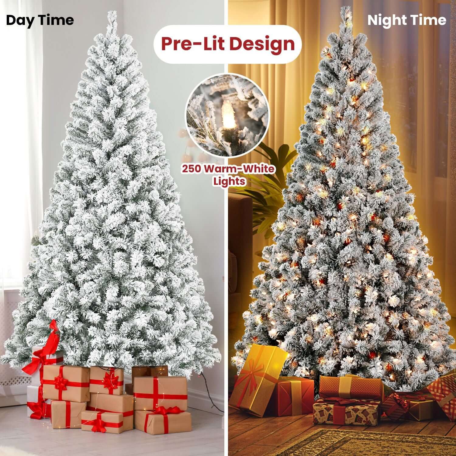 6FT Pre Lit Flocked Christmas Tree with 250 White Lights, daytime and nighttime view, snowy look, ideal for home, office, shops.