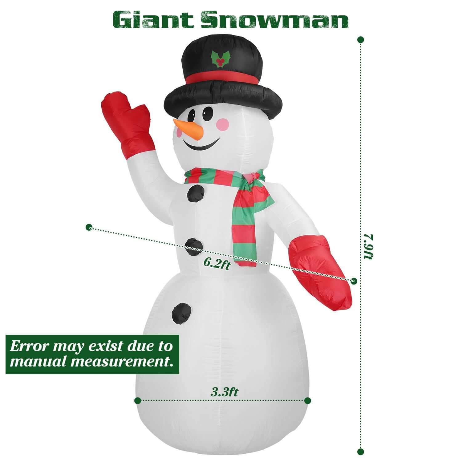 Christmas Inflatable Giant Snowman standing 7.9 feet tall with a black hat, red gloves, and a green and red scarf.