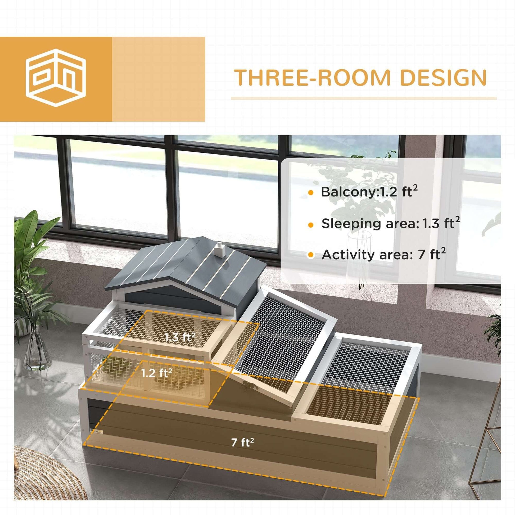 PawHut 3-Room Tortoise Habitat, Indoors & Outdoors Wooden Turtle Enclosure w/ Balcony & 2 Stories, 44" x 25.5" x 23", Gray - Three-Room Design
