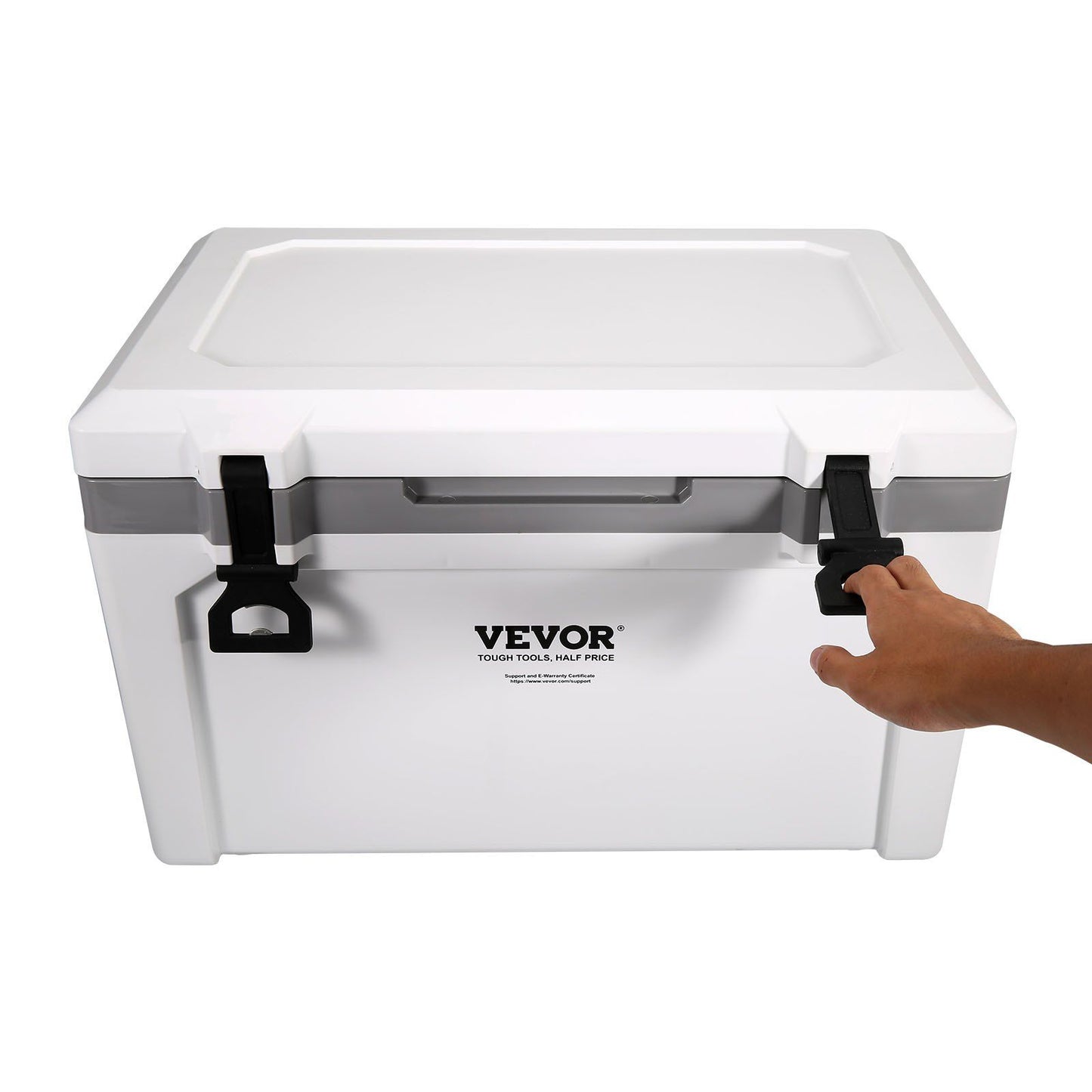 Person using VEVOR Insulated Portable Cooler, 52 qt, showcasing easy-to-use handle for camping, picnics, and travel. Holds 50 cans.