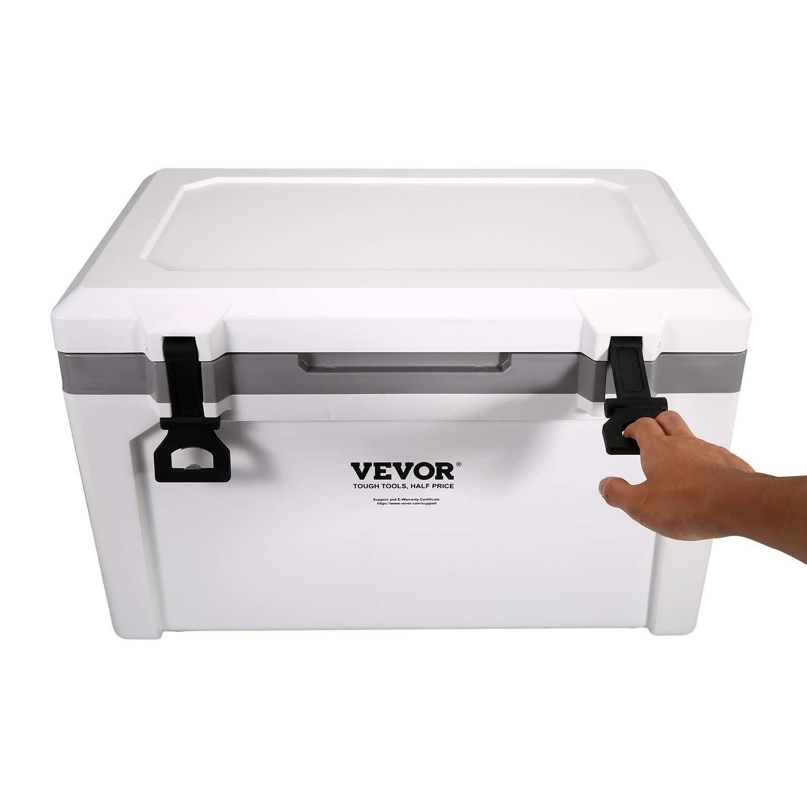 Person using VEVOR Insulated Portable Cooler, 52 qt, showcasing easy-to-use handle for camping, picnics, and travel. Holds 50 cans.