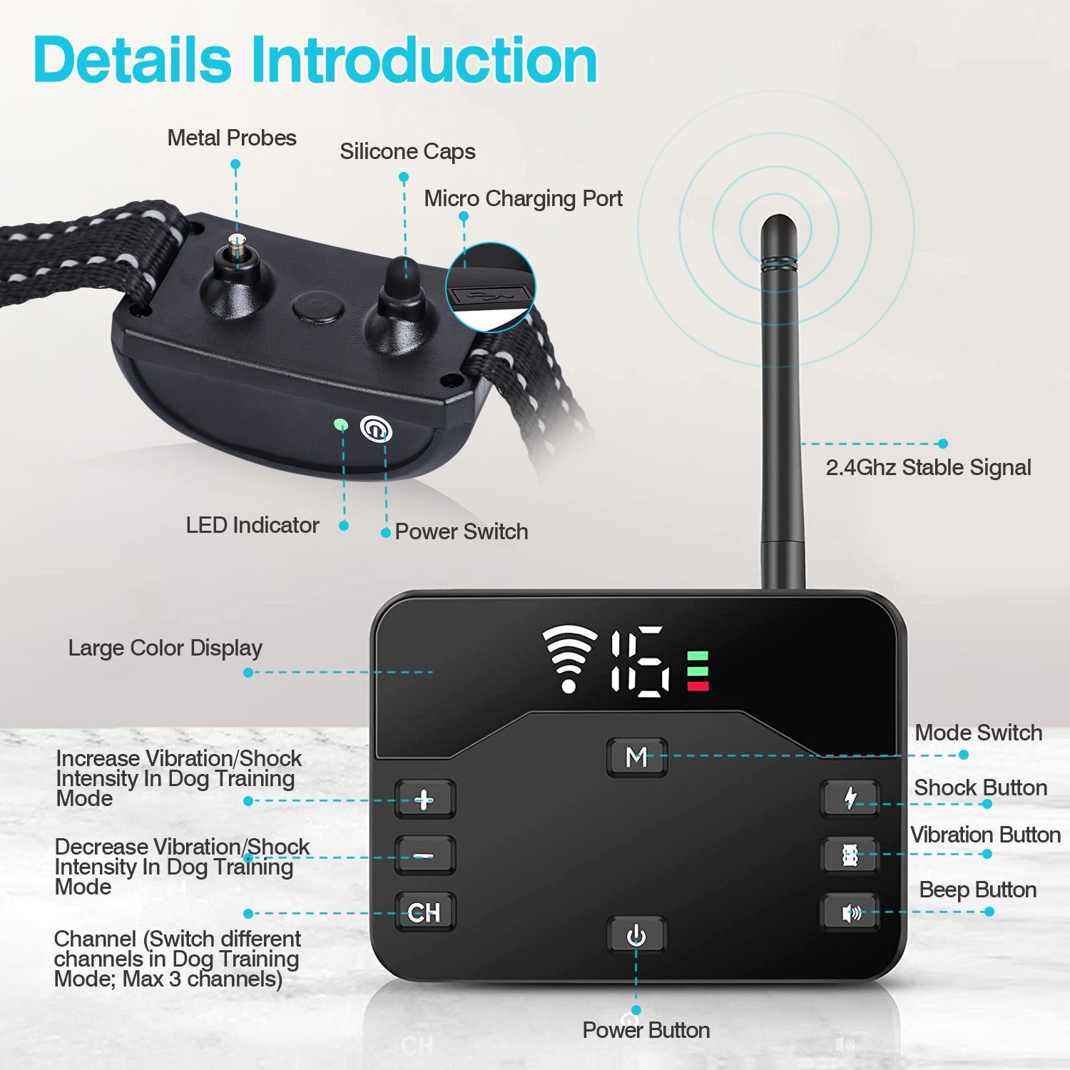 Wireless electric dog fence system with adjustable collar and training modes, featuring 2.4GHz signal and waterproof receiver.