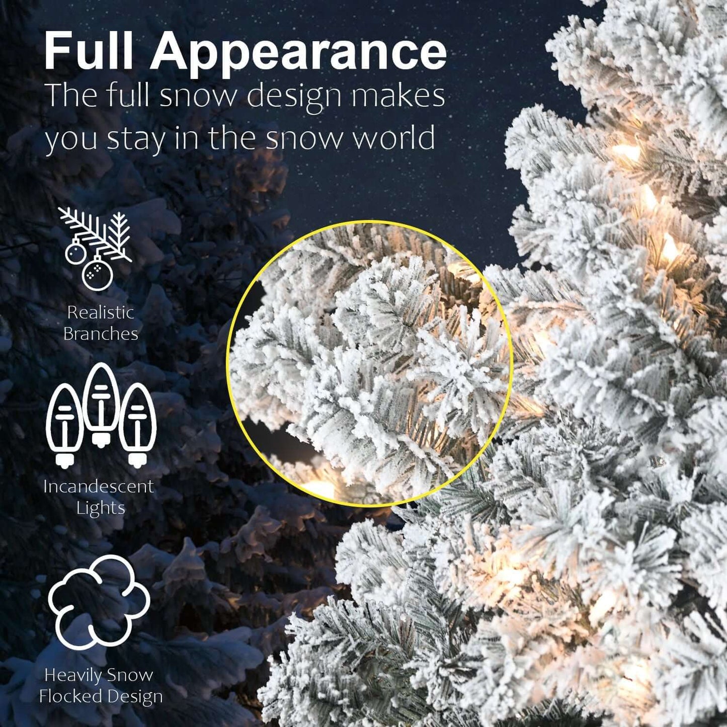 Close-up of 6FT Pre Lit Flocked Christmas Tree with 250 white lights, showcasing realistic snowy branches and warm incandescent lights.