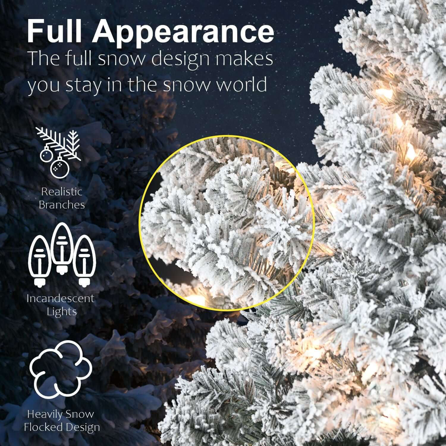 Close-up of 6FT Pre Lit Flocked Christmas Tree with 250 white lights, showcasing realistic snowy branches and warm incandescent lights.