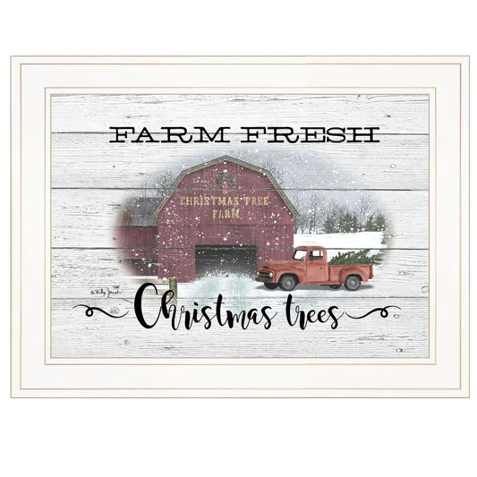 Farm Fresh Christmas Trees Billy Jacobs Print with white frame, featuring red truck and barn, for rustic holiday decor.