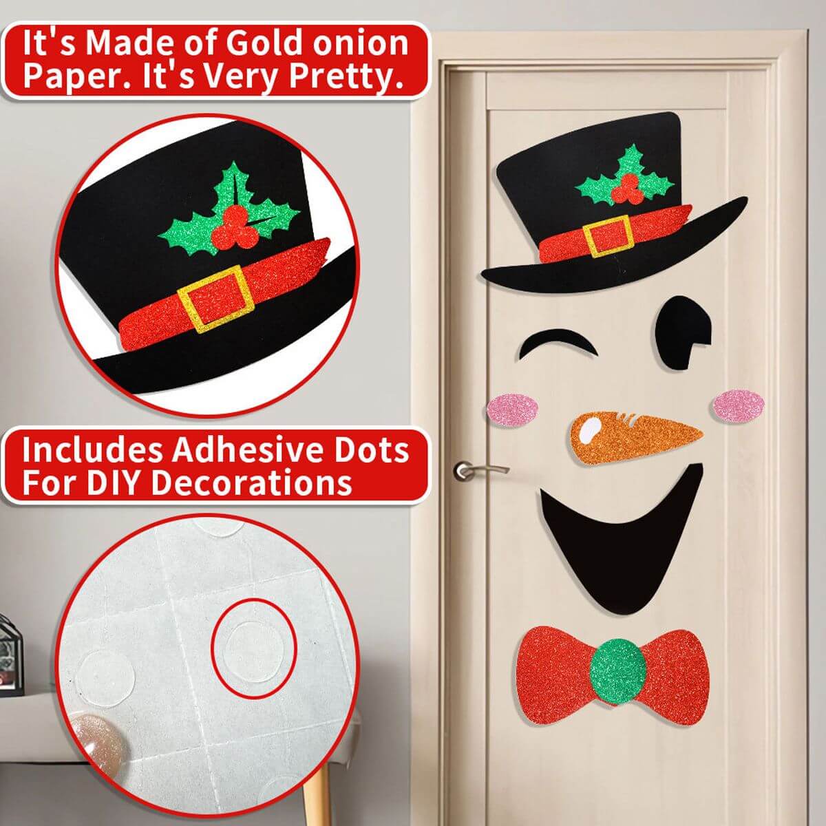 Christmas Door Stickers showing felt snowman design with hat and bow, adhesive dots for DIY decorations, festive home decor.