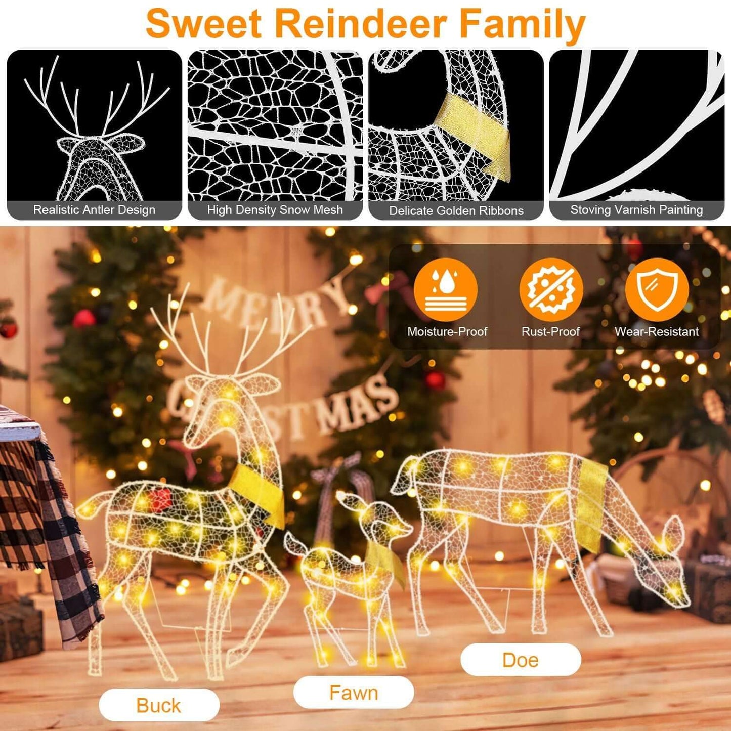 Reindeer Family Lighted Christmas Deer Decoration featuring lighted buck, doe, and fawn figures with yellow lights in a festive setting.