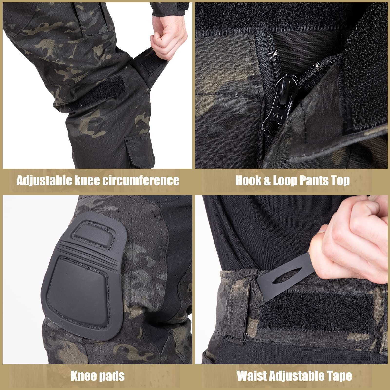 Close-up of VOTAGOO G3 Multicam Combat Pants showcasing adjustable knee, waist, hook & loop top, and integrated knee pads.