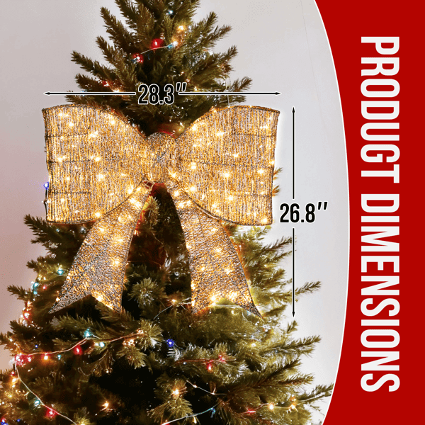 Pre lit Outdoor Giant Bowknot Christmas Decoration with 124 warm white LEDs, shown on a tree, dimensions 28.3 by 26.8 inches.
