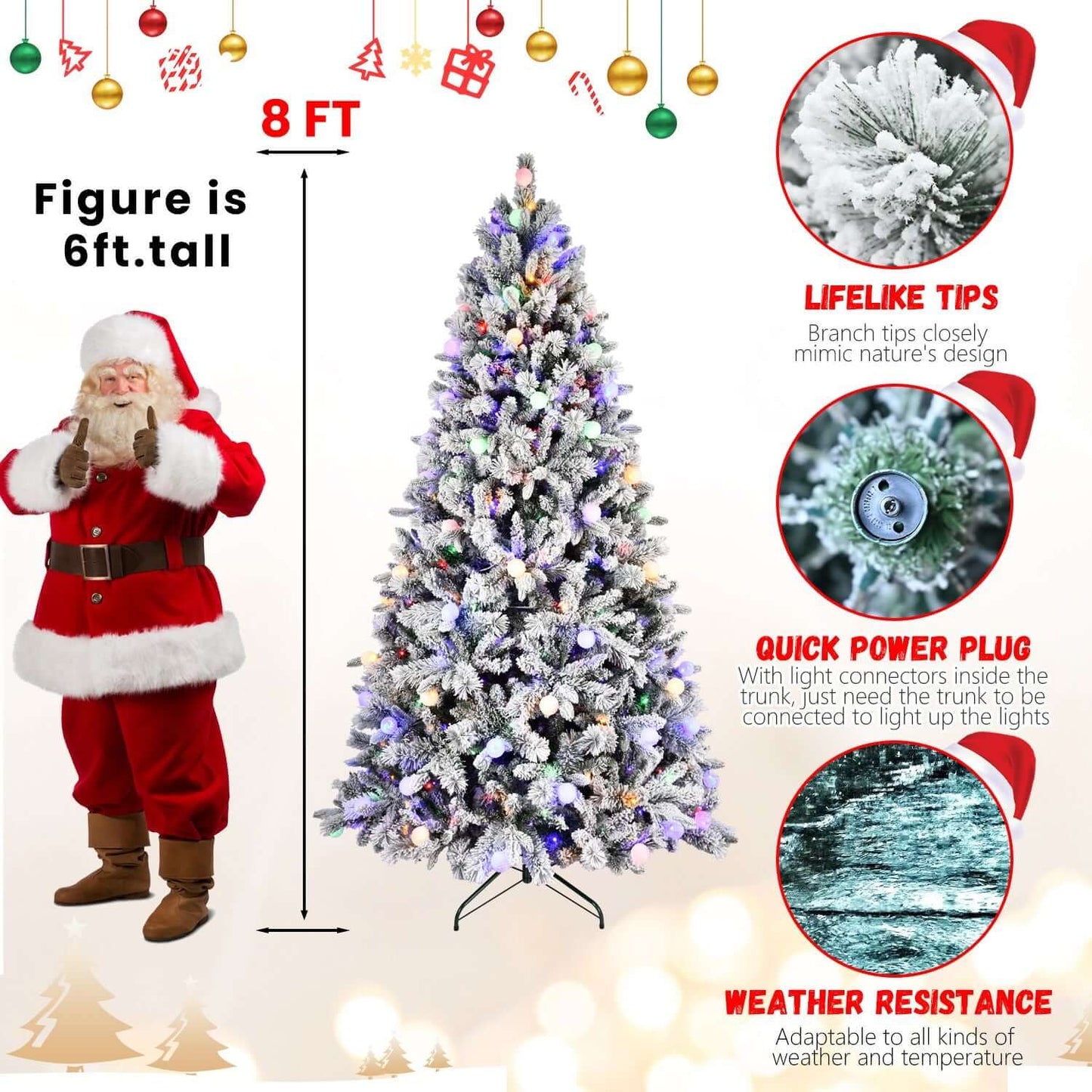 Flocked Christmas Tree with Colorful Lights shown at 8ft tall next to Santa figure, featuring lifelike tips, quick power plug, and weather resistance.