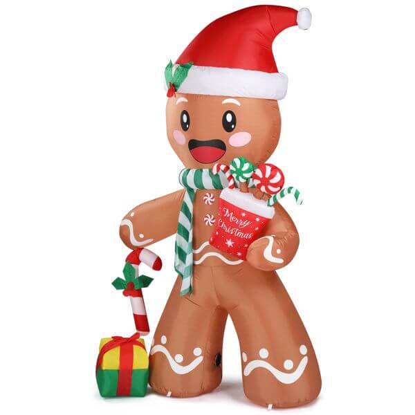 Christmas Inflatable Decoration - 7.9ft gingerbread man with LED lights wearing Santa hat holding candy canes and gift box.