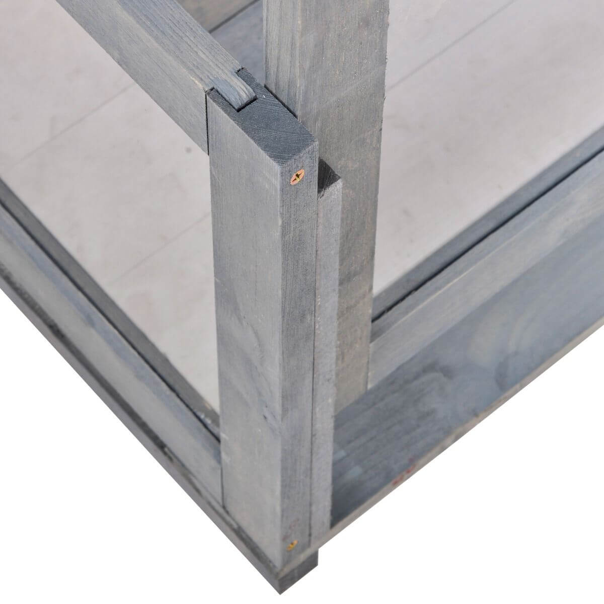 Close-up of frame details on PawHut Wooden Tortoise House Indoor Turtle Habitat Enclosure Outdoor Reptile Cage Gray