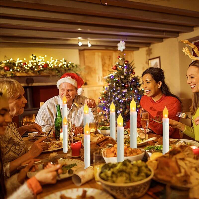 Family dinner with Floating LED Candles Remote Control Flameless creating festive holiday ambiance on Christmas, perfect decor for celebrations