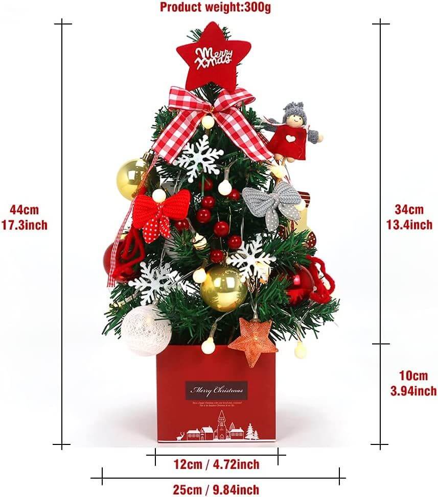 Desktop Christmas Tree - Artificial Mini Decoration with ornaments and measuring dimensions, perfect for desk or table display.