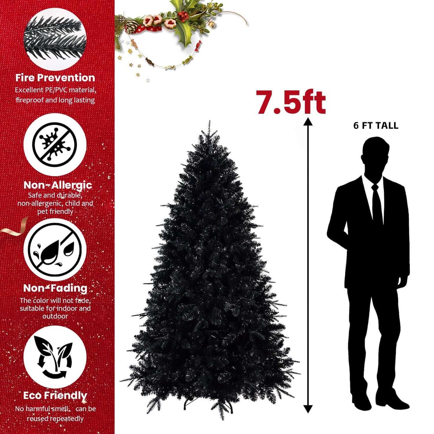 Black Christmas Tree with White LED Lights standing 7.5ft tall next to a 6ft silhouette, showcasing fire prevention and eco-friendly features.
