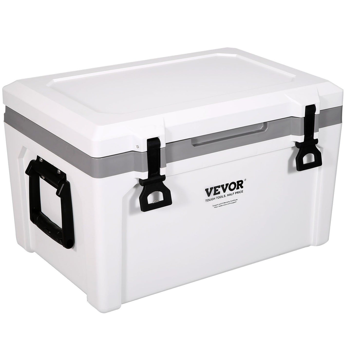 VEVOR 52 qt Insulated Portable Cooler with heavy duty handle, ice retention up to 6 days, ideal for camping, beach, and outdoor activities.