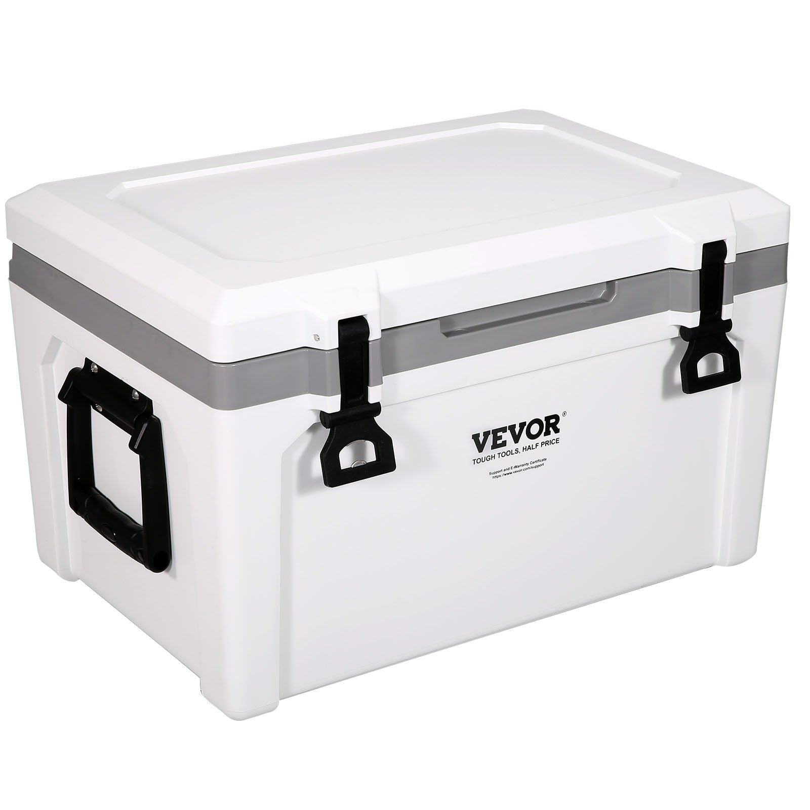 VEVOR 52 qt Insulated Portable Cooler with heavy duty handle, ice retention up to 6 days, ideal for camping, beach, and outdoor activities.