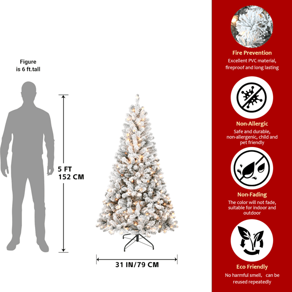 5ft Flocked Christmas Tree with snowy finish, fire prevention features, and eco-friendly design next to 6ft figure for size comparison