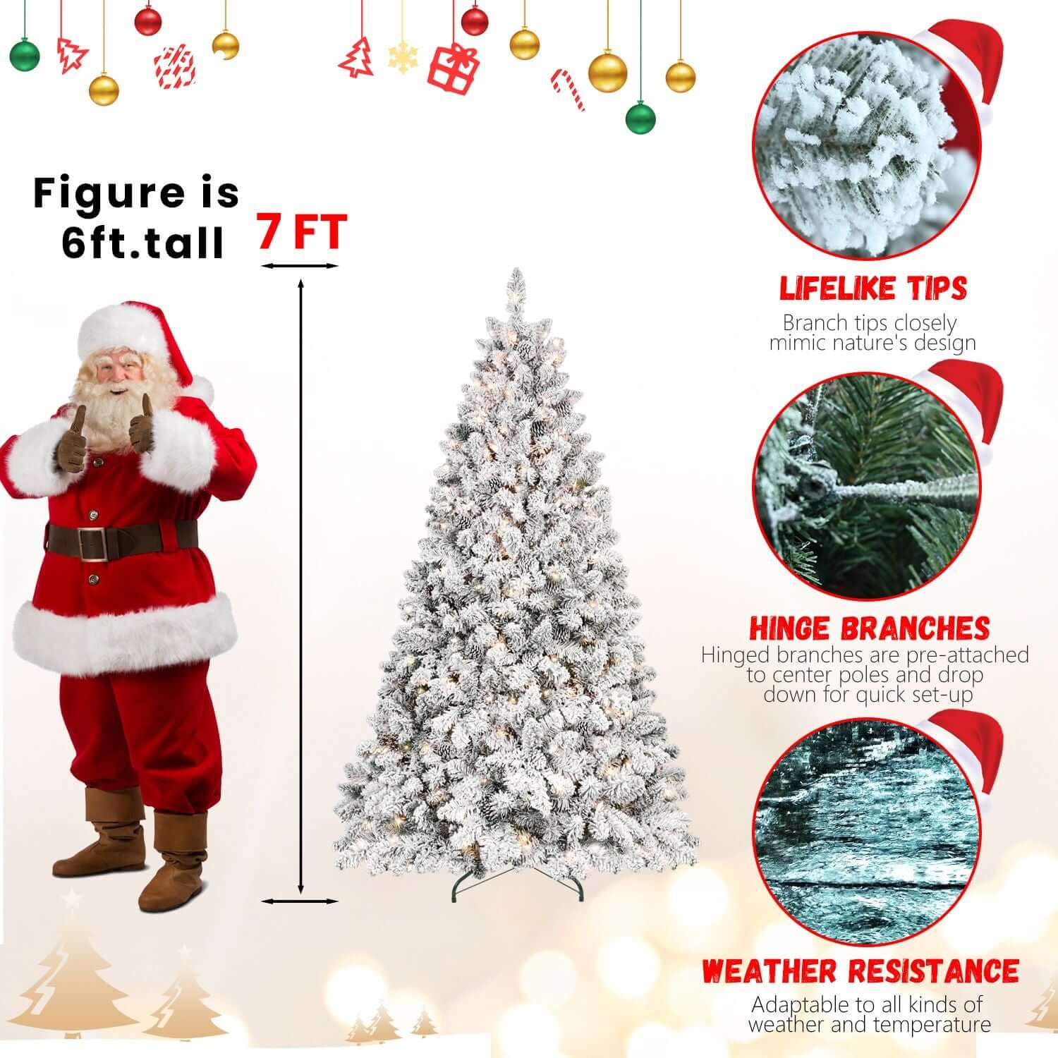 7ft Flocked Christmas Tree with Lights featuring lifelike tips, hinge branches, weather resistance, and festive Santa figure nearby.