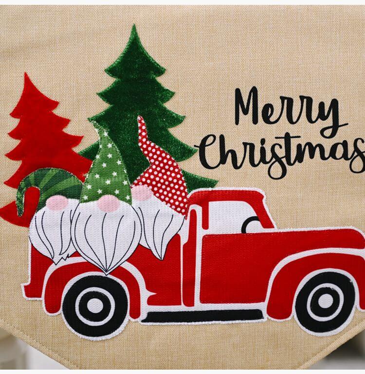 Christmas Santa Claus Car Table Runner with gnomes and Merry Christmas message, festive holiday table decor with vintage car design.