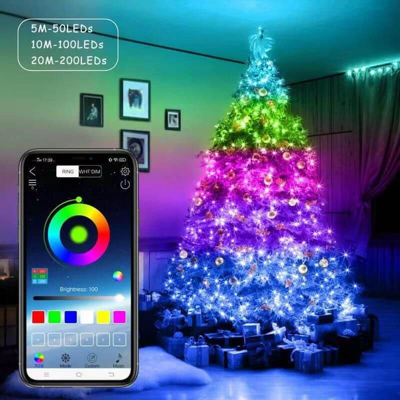 USB Bluetooth Smart Copper Wire Light String on a Christmas tree with app control interface displayed on a smartphone screen