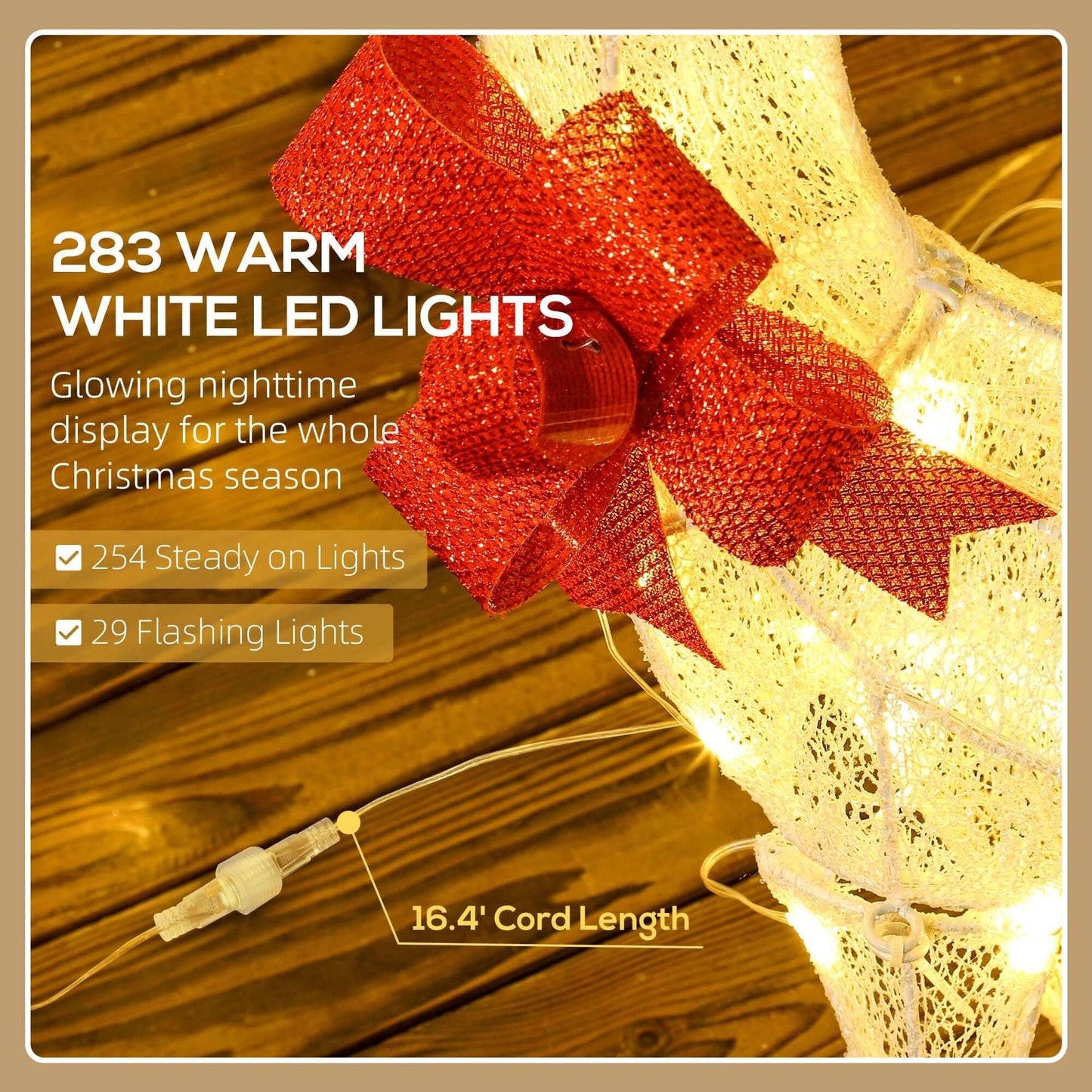 Close-up of Christmas Deer Decorations featuring warm LED lights and a red bow.